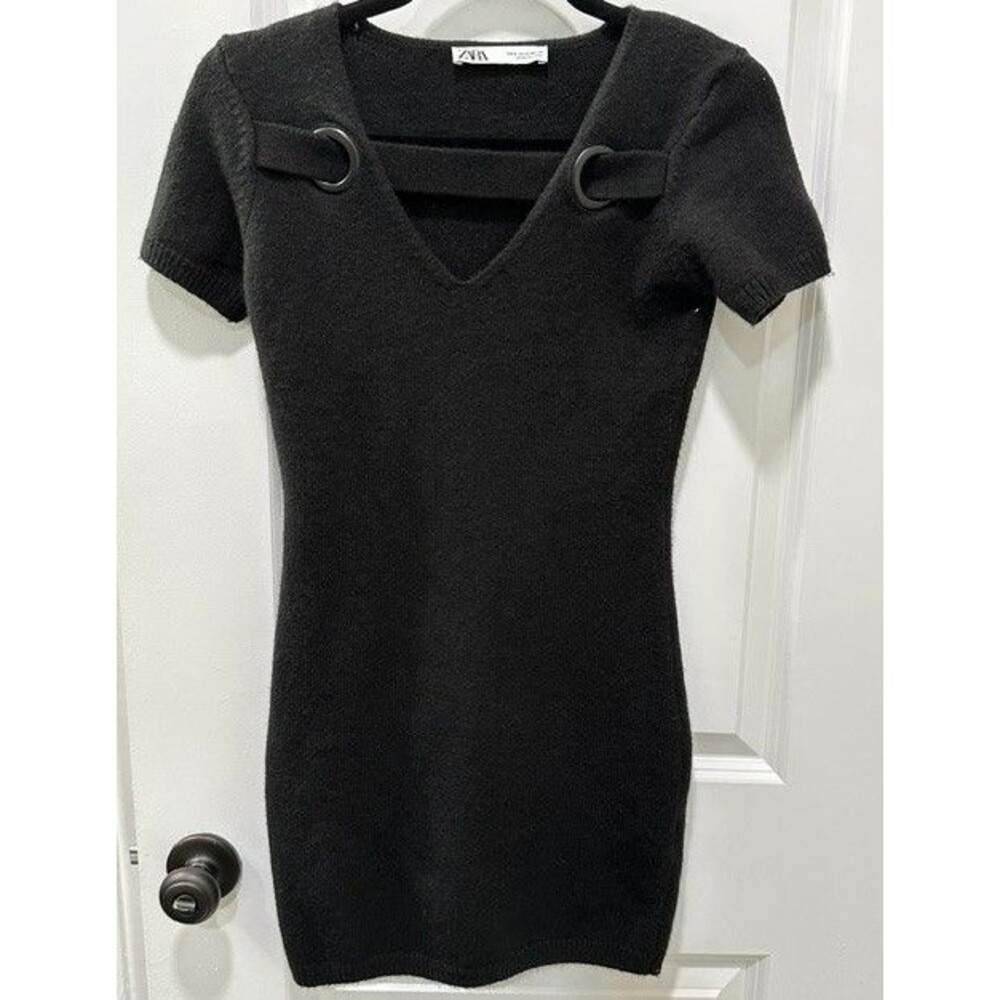 Zara Women's S Black Knit Sweater Dress O-Ring Cutout Bodycon Mini Stretchy